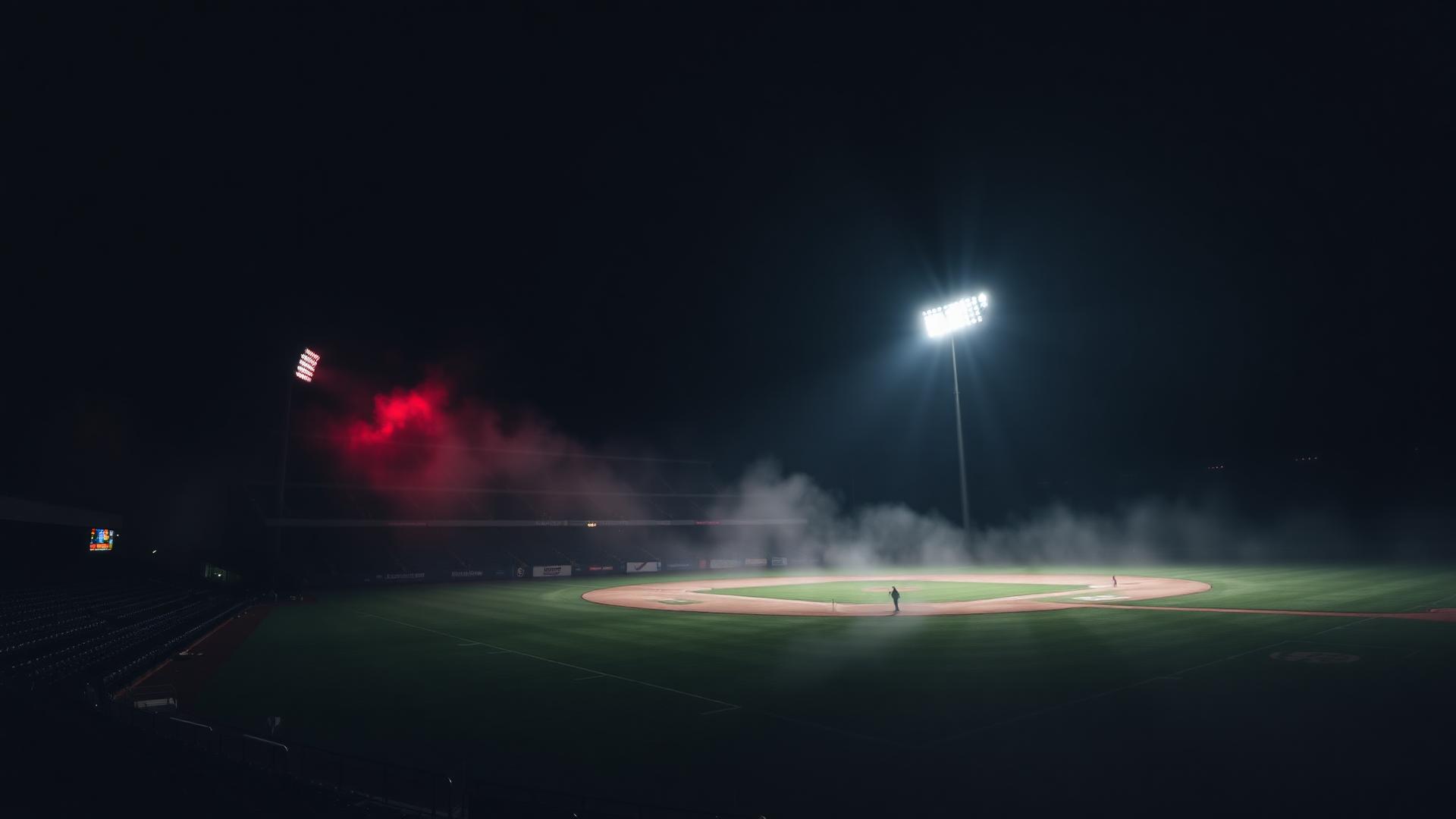 Baseball stadium at night with dramatic lighting
